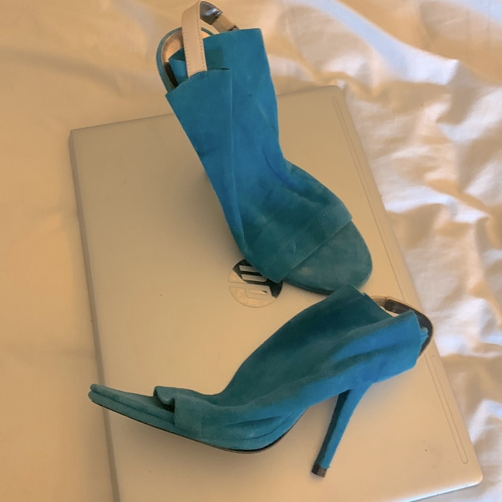 Blue green suede shoe